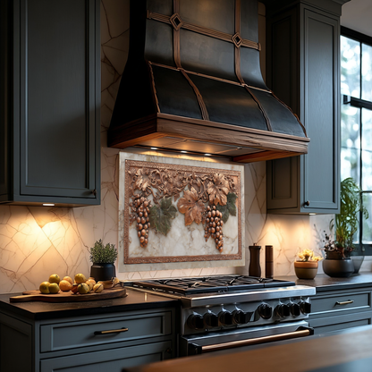 Copper Grape and Vine on Marble Design Printed Tempered Glass Kitchen Backsplash Splashback Decorative Wall Panel for Modern Home Decor