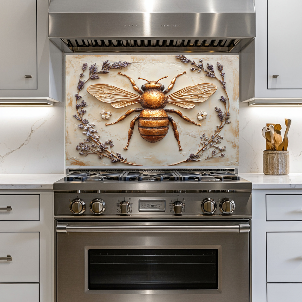 One Piece Tempered Glass Kitchen Splashback For Stove Behind, Copper Bee Look Backsplash