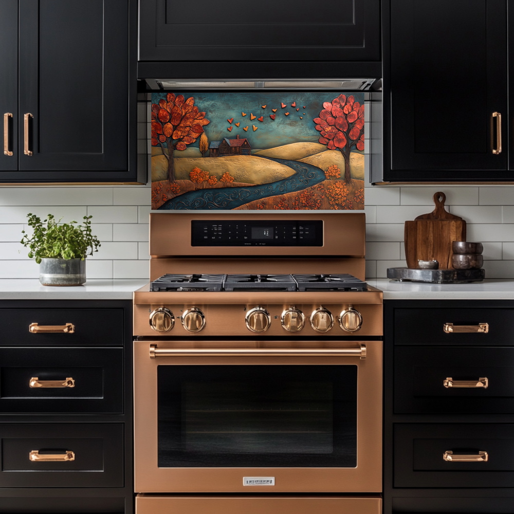 Romantic House Landscape with Hearts Printed Tempered Glass Kitchen Backsplash Splashback or Wall Art Panel for Cozy Home Decor