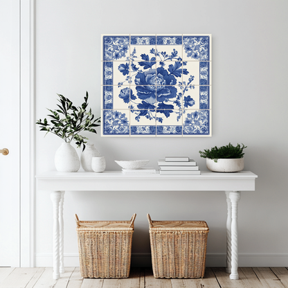 Floral Delft Blue Glass Backsplash, Blue White Dutch Style Wall Art, Custom Printed Glass Panel, Made in USA