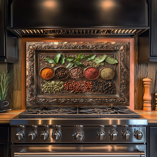 Copper Look Spice Bowls Print One Piece Tempered Glass Kitchen Splashback For Stove Behind, Kitchen Backsplash, Wall Art