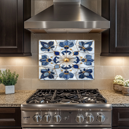 Blue&Gold Pattern Marble Look One Piece Tempered Glass Kitchen Splashback For Stove Behind, Kitchen Backsplash, Kitchen Backsplash, Wall Art