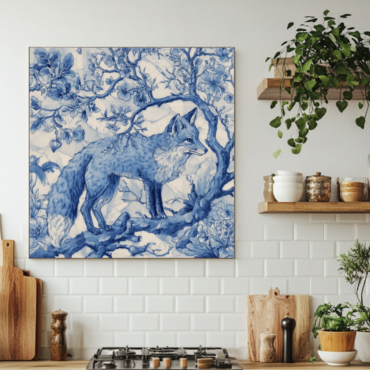 Delft Blue Fox Kitchen Glass Backsplash • Stove Behind Cover • Nature Inspired Kitchen Splashback Panel • Blue-White Home Decor