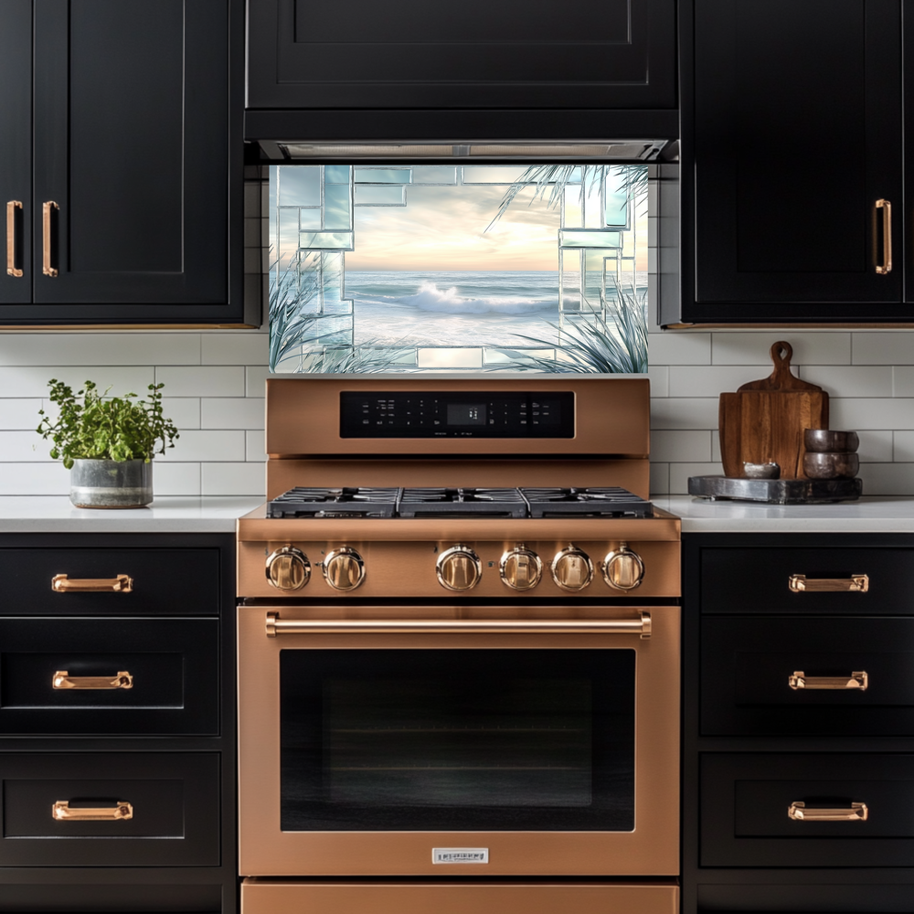 Ocean Landscape Scene Printed Tempered Glass Kitchen Backsplash Splashback Decorative Wall Art Panel for Modern Coastal Home Decor