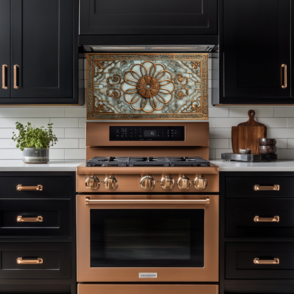 Copper Look Ottoman Tile Pattern Printed Tempered Glass Kitchen Backsplash Decorative Wall Panel for Stove Behind and Interior Decor