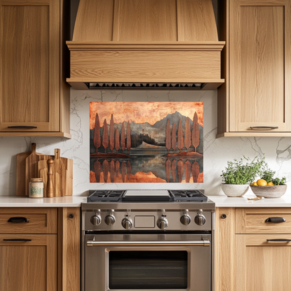 Copper Look Nature Landscape Glass Backsplash • Rustic Wall Art Panel • Mountain River Home Decor • Earthy Decorative Piece