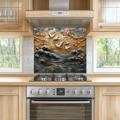 Waves and Pigeons Prints One Piece Tempered Glass Kitchen Splashback For Stove Behind, Kitchen Backsplash, Wall Art