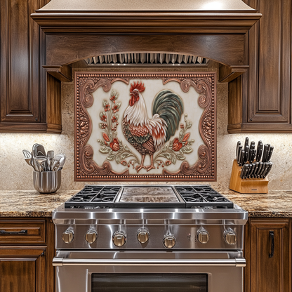 Copper Embossed Mediterranean Rooster Glass Backsplash • Rustic Kitchen Panel • Artistic Farmhouse Tile Design • Traditional Wall Piece