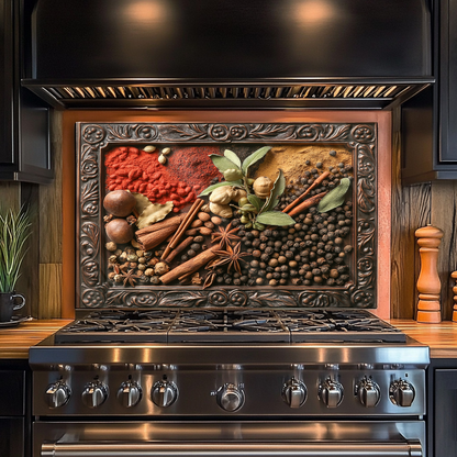 Copper Look Spices Print One Piece Tempered Glass Kitchen Splashback For Stove Behind, Kitchen Backsplash, Wall Art