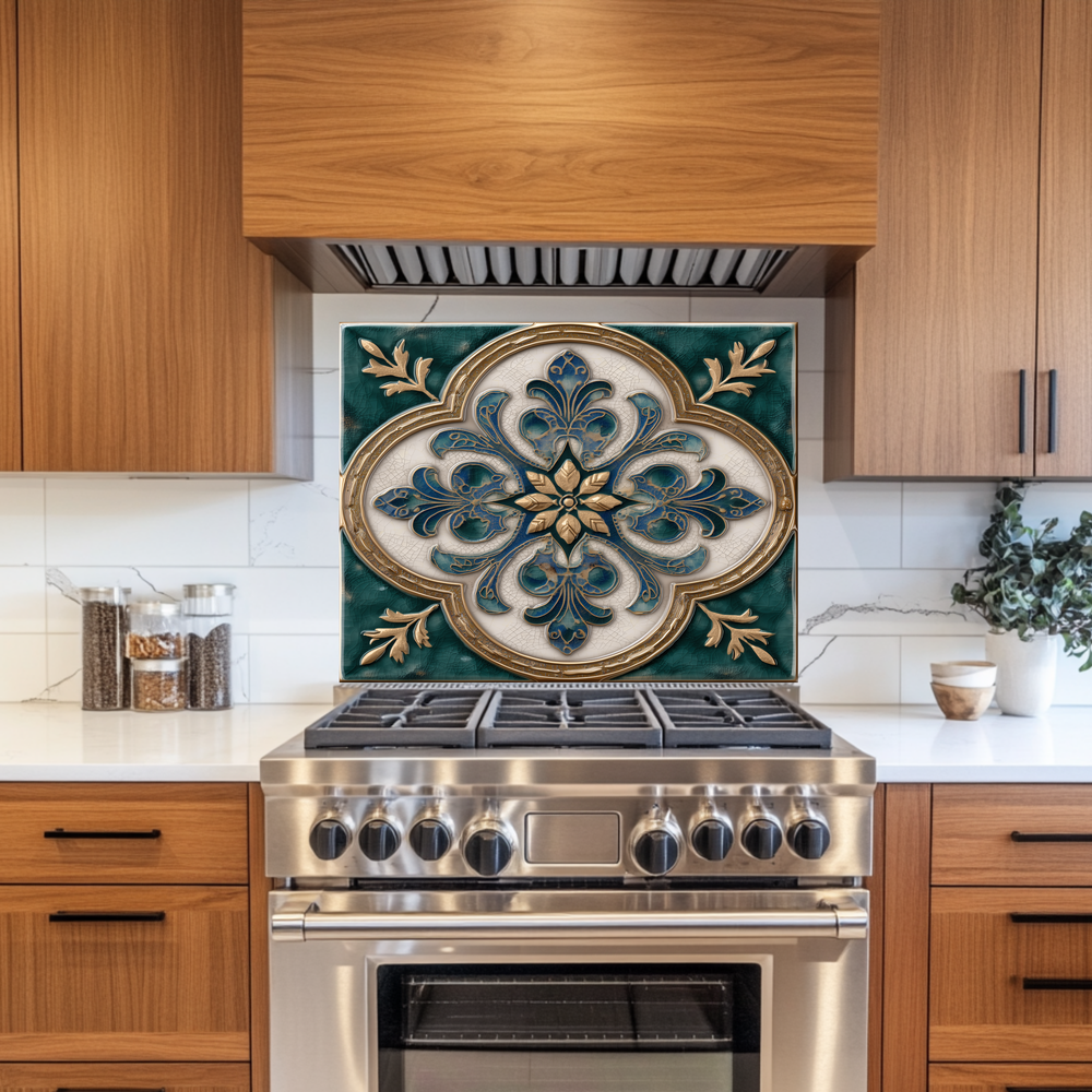 Emerald Glass Backsplash, Ottoman Tile Look Tempered Glass Kitchen Splashback For Stove Behind, Copper Look Backsplash, Oven Backsplashes
