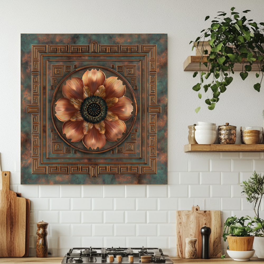 Floral Copper Look Kitchen Backsplash, Pattern Tile One Piece Tempered Glass Kitchen Splashback For Stove Behind