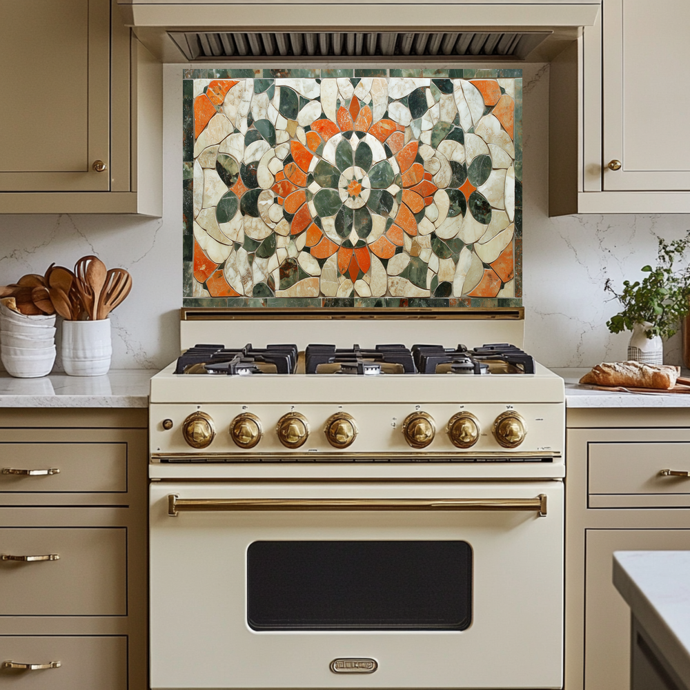 American Made Floral Mosaic Look Glass Backsplash Behind Stove – Rustic Farmhouse Kitchen Backsplash Tile, Flower Leaf Splashback