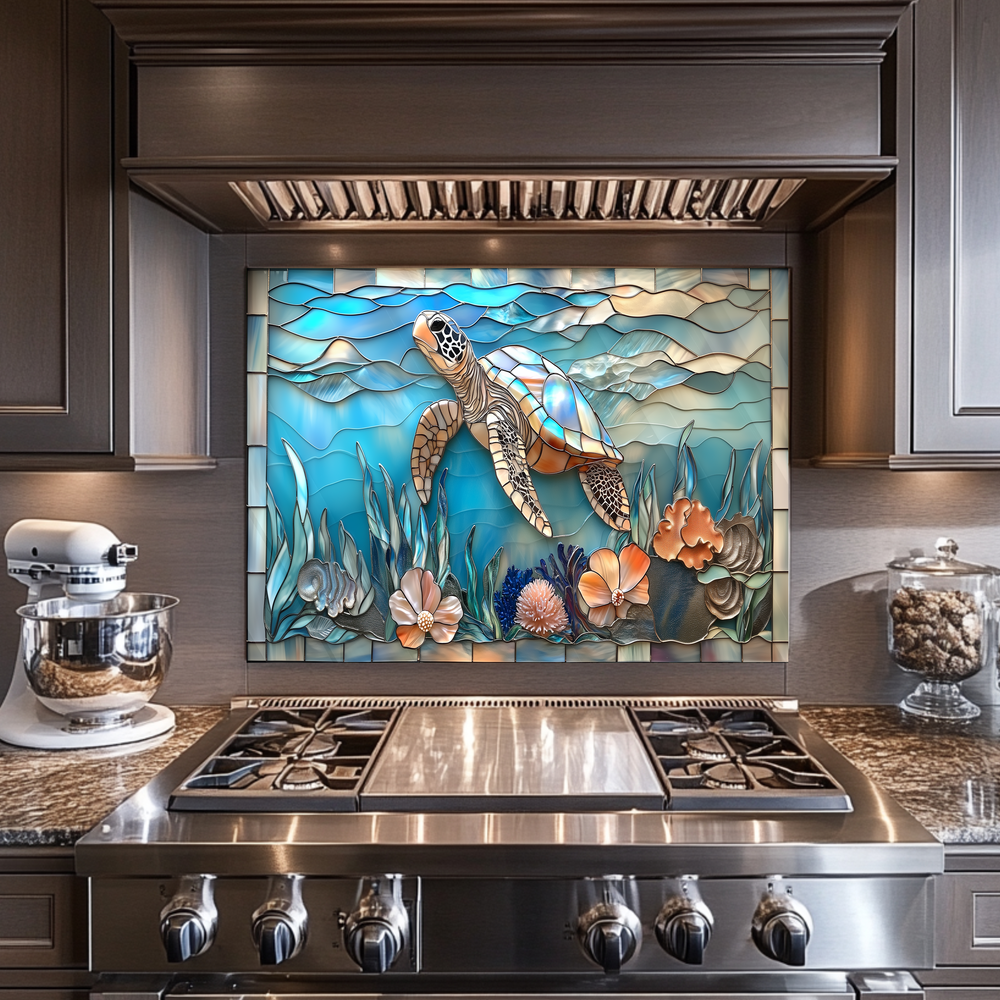 Sea Turtle Print One Piece Tempered Glass Kitchen Splashback For Stove Behind, Kitchen Backsplash, Wall Art, Kitchen Backsplash, Wall Art