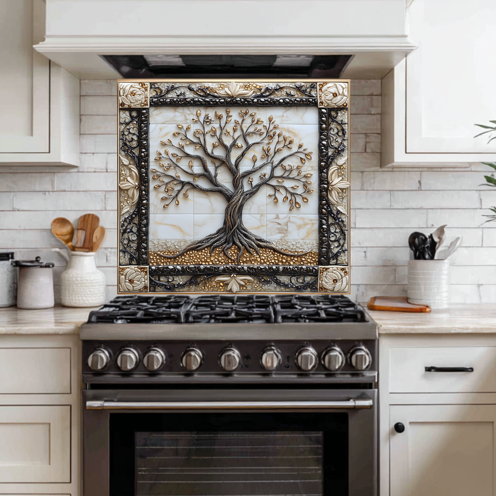 Attractive Life of Tree Framed Look One Piece Tempered Glass Kitchen Backsplash for Stove Behind, Kitchen Splashback, Glass Wall Art