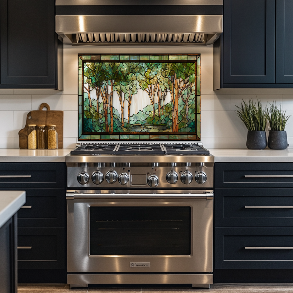 Stained Glass Look Forest Backsplash, Woodland Tree Scene Printed on Tempered Glass, Nature Inspired Kitchen Wall Art Panel
