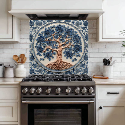 Delft Blue Tree of Life Kitchen Glass Backsplash • Stove Behind Cover • Nature Inspired Kitchen Splashback Panel • Colorful Home Decor