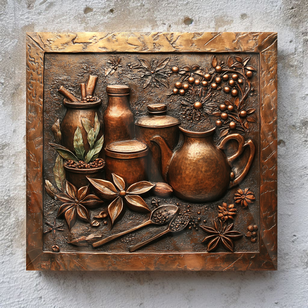 Copper Look Spice Bottles Print One Piece Tempered Glass Kitchen Splashback For Stove Behind, Kitchen Backsplash, Wall Art