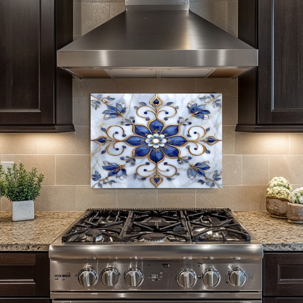 Blue Pattern Marble Look One Piece Tempered Glass Kitchen Splashback For Stove Behind, Kitchen Backsplash, Kitchen Backsplash, Wall Art