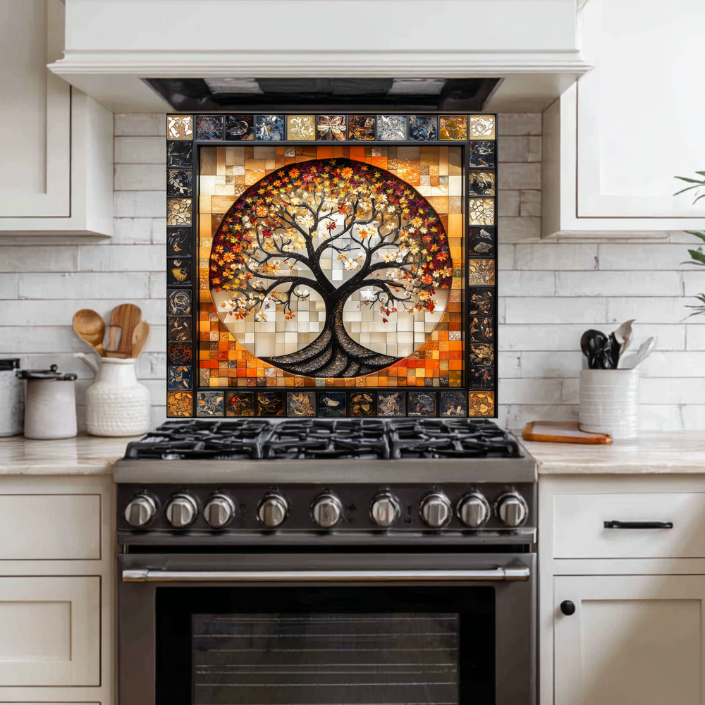 Stunning Life of Tree Mosaic Look One Piece Tempered Glass Kitchen Backsplash for Stove Behind, Kitchen Splashback, Glass Wall Art