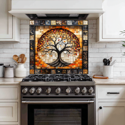 Stunning Life of Tree Mosaic Look One Piece Tempered Glass Kitchen Backsplash for Stove Behind, Kitchen Splashback, Glass Wall Art