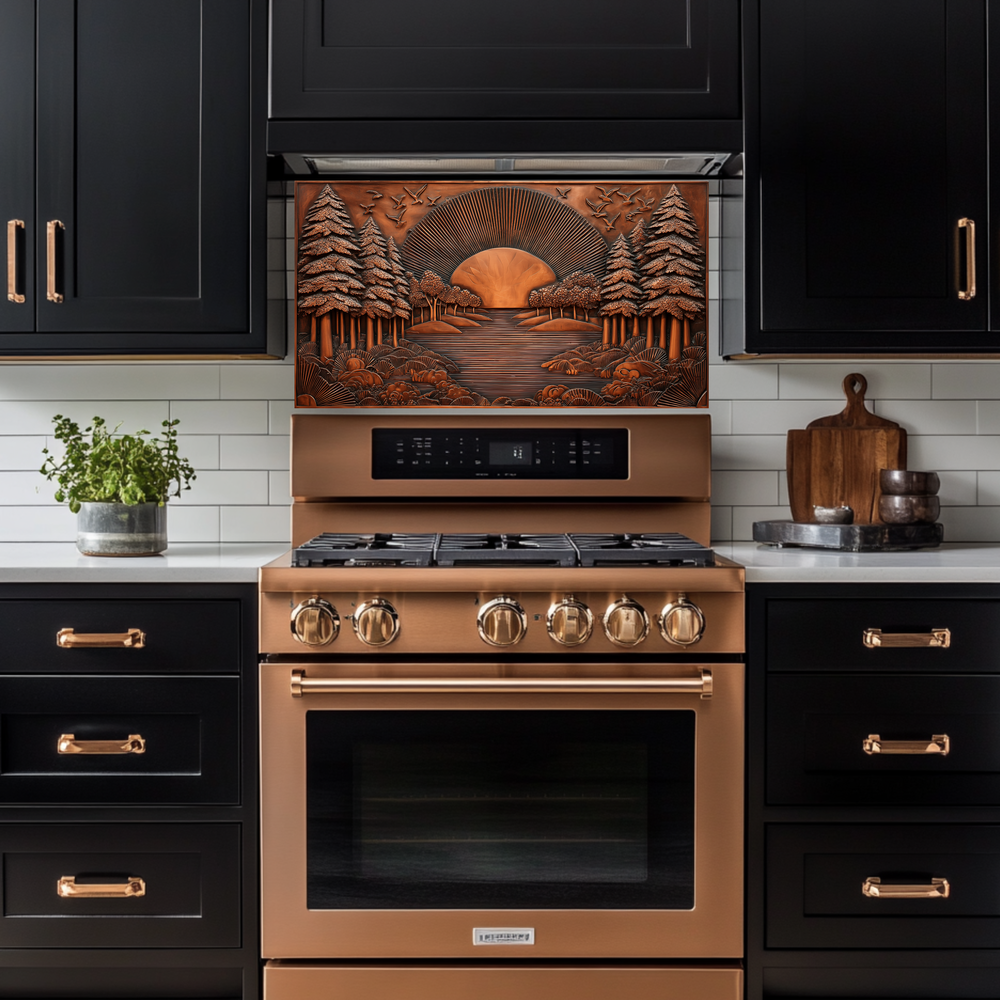 Landscape Design in Copper Look Printed Tempered Glass Kitchen Backsplash Splashback Wall Art Panel