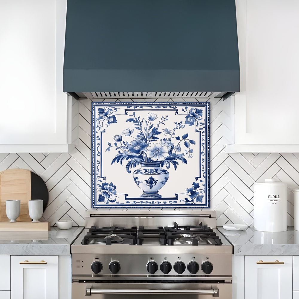 Delft Blue Vase One Piece Tempered Glass Kitchen Splashback For Stove Behind, Kitchen Backsplash, Wall Art