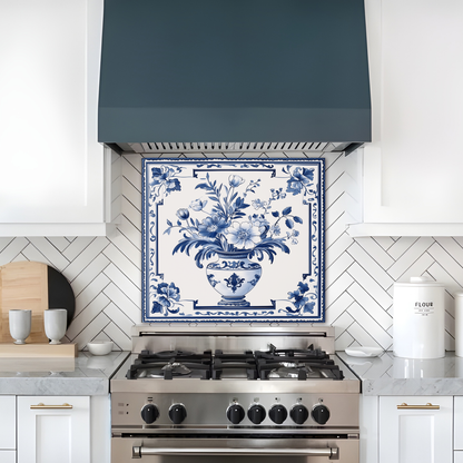 Delft Blue Vase One Piece Tempered Glass Kitchen Splashback For Stove Behind, Kitchen Backsplash, Wall Art