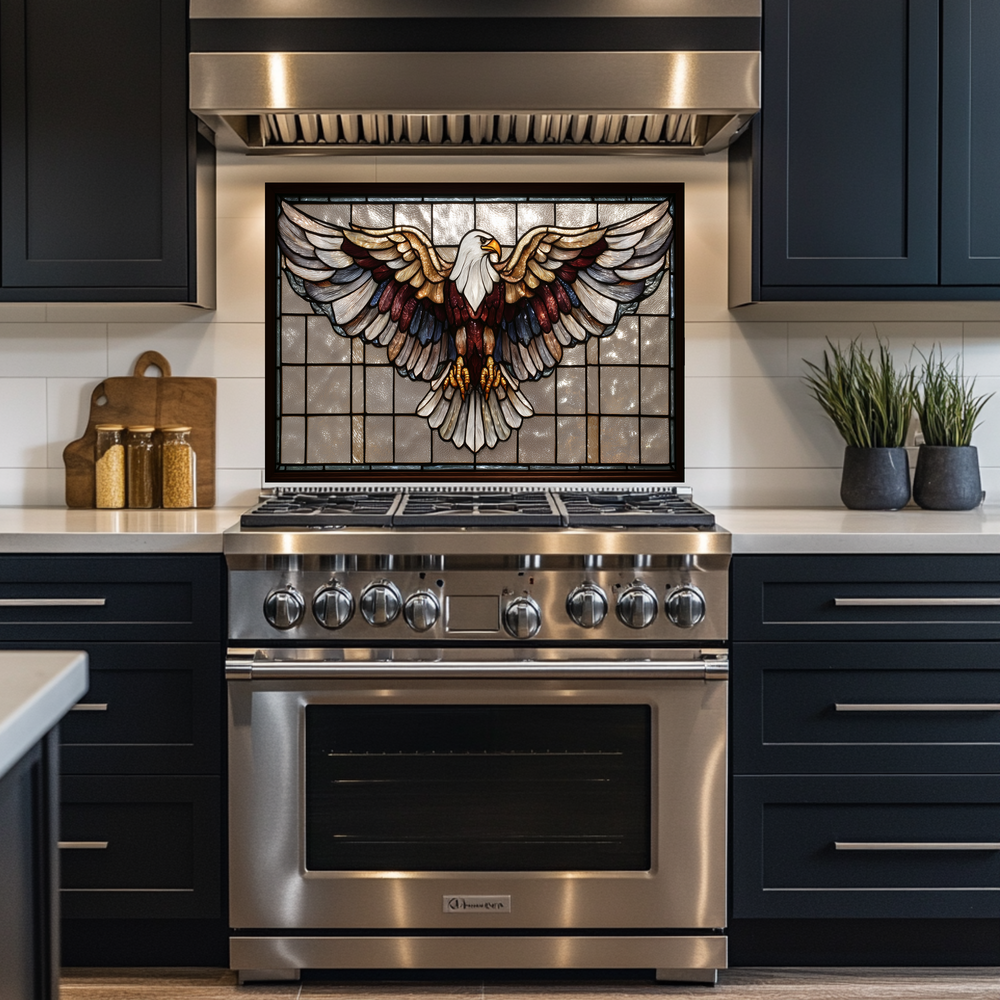 Stained Glass Style Eagle Glass Backsplash Panel, UV Printed Tempered Kitchen Wall Art, Nature Inspired Theme Decorative Glass Tile