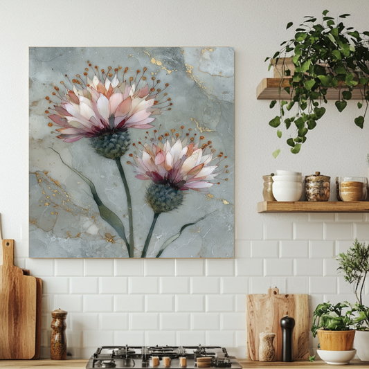 Floral Marble Look Glass Backsplash • Elegant Kitchen Panel • Artistic Flower Design • Modern Decorative Wall Piece