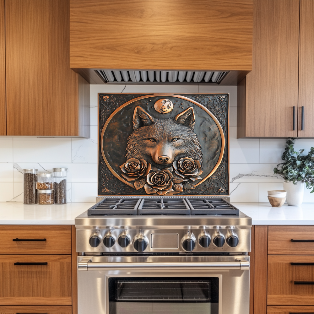 Copper Look Wolf and Roses Glass Backsplash Panel, Tempered Glass Wall Art, Rustic Kitchen Decor, Floral Wolf Design, Modern Stove Protector