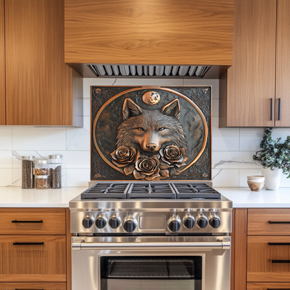 Copper Look Wolf and Roses Glass Backsplash Panel, Tempered Glass Wall Art, Rustic Kitchen Decor, Floral Wolf Design, Modern Stove Protector