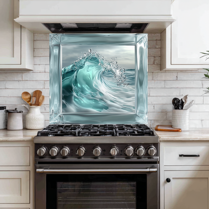 Ocean Wave Framed Look One Piece Tempered Glass Kitchen Backsplash for Stove Behind, Kitchen Splashback, Glass Wall Art