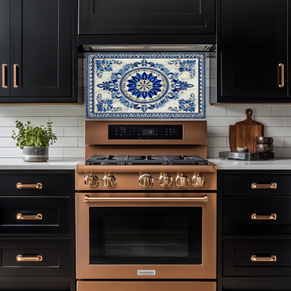 Turkish Tile Pattern Glass Backsplash Panel, Tempered Glass Wall Art, Traditional Anatolian Design, Elegant Kitchen Decor, Stove Protector