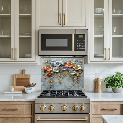 Embossed Flowers One Piece Tempered Glass Kitchen Splashback For Stove Behind, Kitchen Backsplash, Wall Art