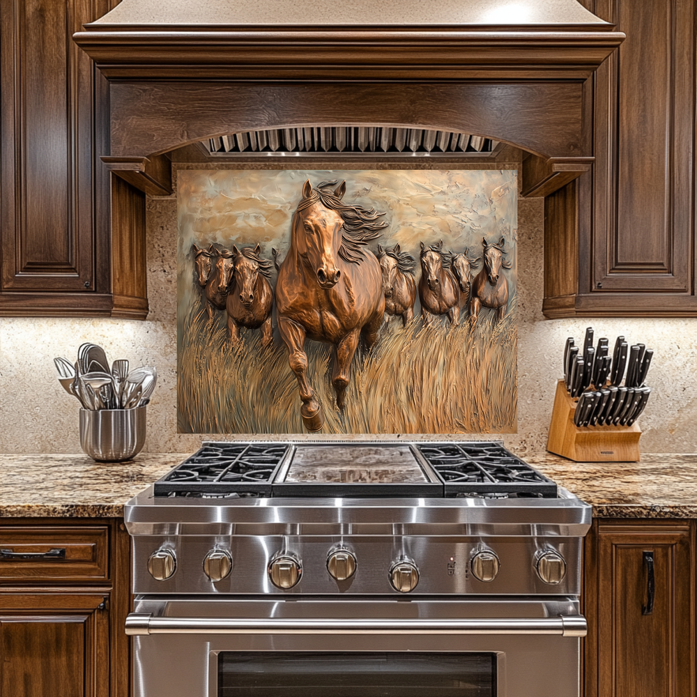 Glass Backsplash with Copper Horses, Tempered Wall Art Panel, Horse Kitchen Decor, Rustic Animal Tile