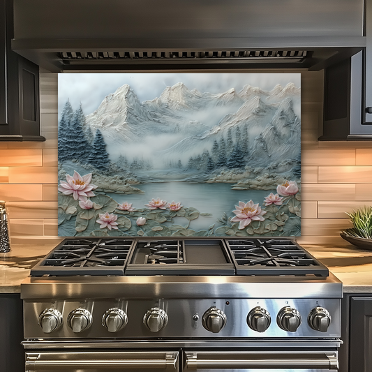 Made in USA, Floral Landscape Tempered Glass Backsplash Behind Stove & Wall Art – Rustic Pine Tree Splashback