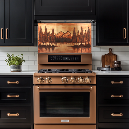 Copper Tone Mountain & Glass Tree Landscape Printed Tempered Glass Kitchen Backsplash Splashback or Wall Art Panel