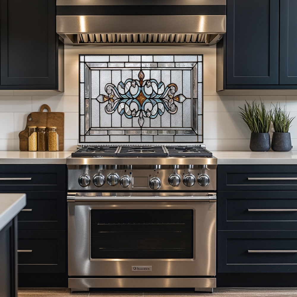 Classic Stained Look Glass Style Backsplash Panel, Tempered Glass Wall Art, Timeless Color Design, Elegant Kitchen Decor, Stove Protector