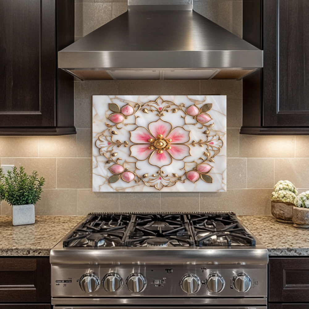 Pink&Gold Pattern Marble Look One Piece Tempered Glass Kitchen Splashback For Stove Behind, Kitchen Backsplash, Kitchen Backsplash, Wall Art