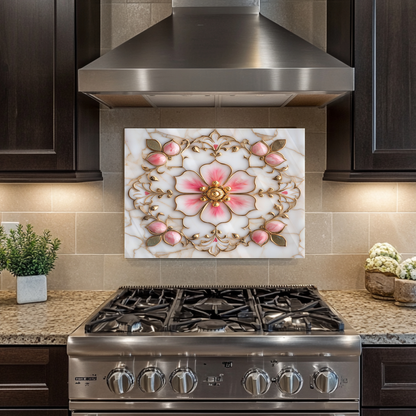 Pink&Gold Pattern Marble Look One Piece Tempered Glass Kitchen Splashback For Stove Behind, Kitchen Backsplash, Kitchen Backsplash, Wall Art