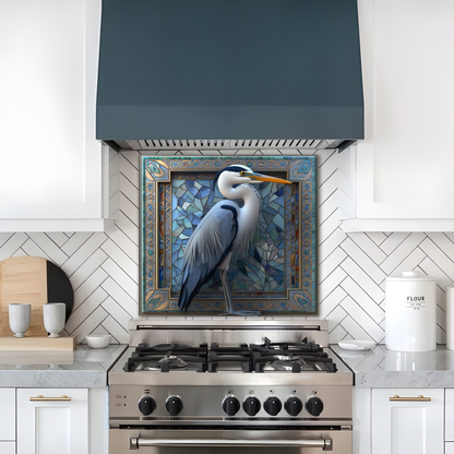 Blue Heron Glass Backsplash, Tempered Glass Wall Art Panel, Coastal Bird Kitchen Backsplash, Modern Wildlife Glass Splashback Decor