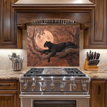 Copper Leopard Nature Glass Backsplash Panel, Tempered Glass Wall Art, Wild Jungle Rustic Kitchen Decor, Animal Print Stove Protector