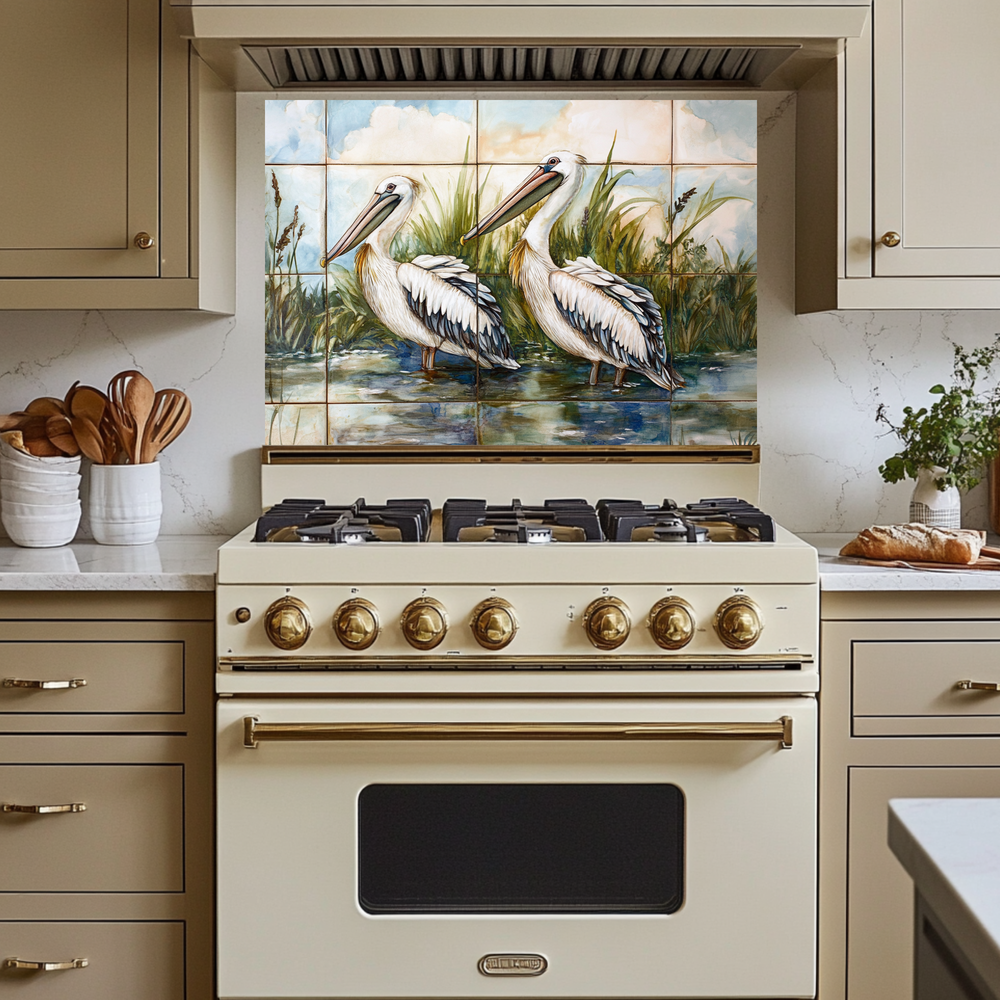 Two Pelican Prints One Piece Tempered Glass Kitchen Splashback For Stove Behind, Kitchen Backsplash, Wall Art