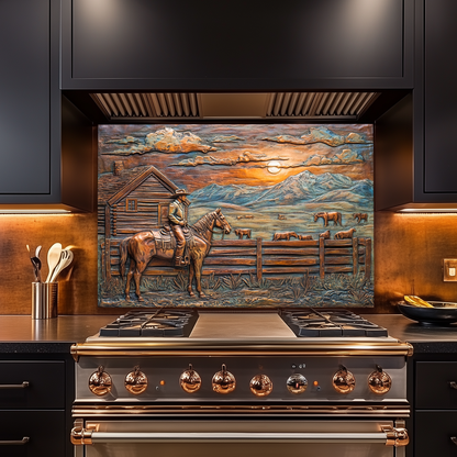 Copper Look Farm House One Piece Tempered Glass Kitchen Splashback For Stove Behind, Kitchen Backsplash, Wall Art