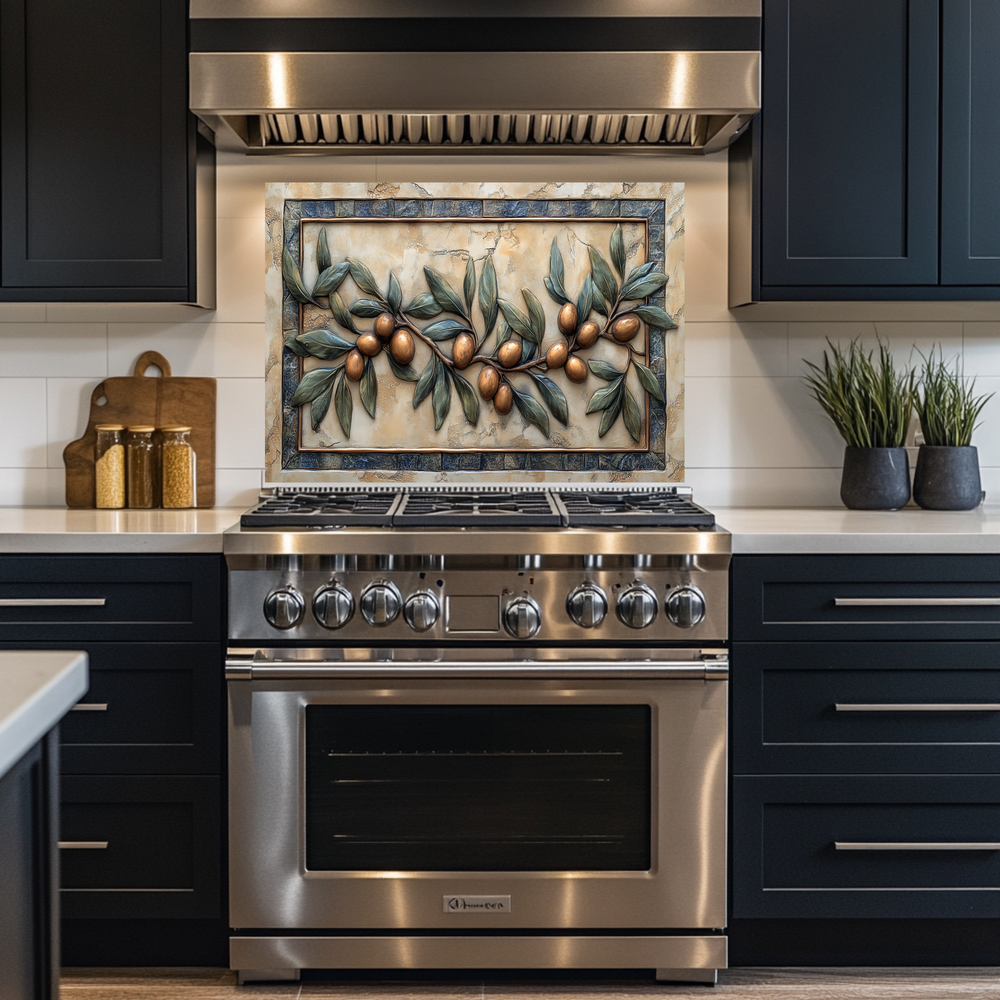 Copper Look Olive Branches One Piece Tempered Glass Kitchen Splashback For Stove Behind, Kitchen Backsplash, Wall Art