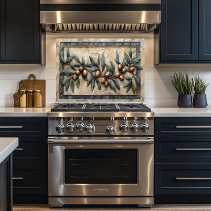 Copper Look Olive Branches One Piece Tempered Glass Kitchen Splashback For Stove Behind, Kitchen Backsplash, Wall Art