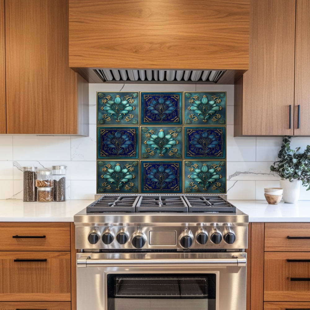 Glass Backsplash, Pattern Tile Look One Piece Tempered Glass Kitchen Splashback For Stove Behind, Blue Tile Backsplash, Kitchen Backsplash