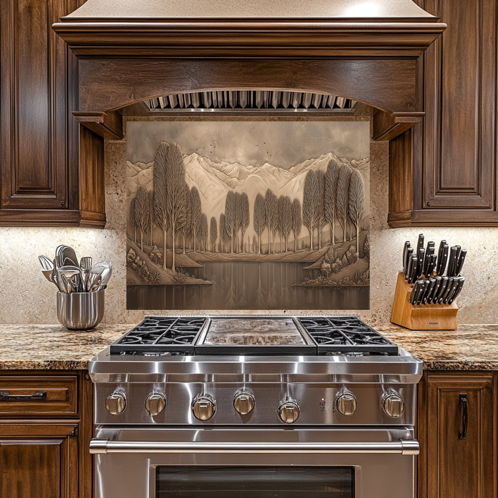 Copper Look Nature Landscape Glass Backsplash • Rustic Wall Art Panel • Mountain River Home Decor • Earthy Decorative Piece