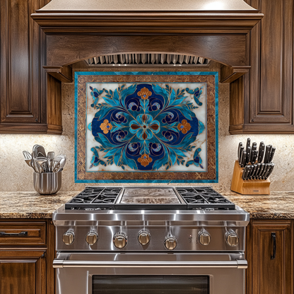 Blue Traditional Glass Backsplash Panel for Kitchen, Tempered Glass Wall Art, Classic Tile Pattern Decor