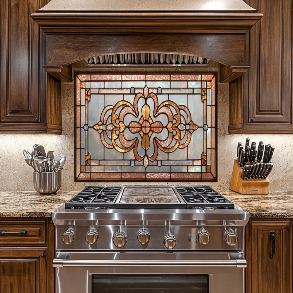 Classic Stained Glass Look Backsplash Panel, Tempered Glass Wall Art, Timeless Color Design, Elegant Kitchen Decor, Stove Protector